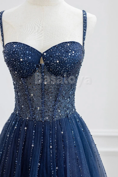 SP0184 Luxury Navy Beaded A-Line Sweetheart Pleats Prom Dress Party Gown