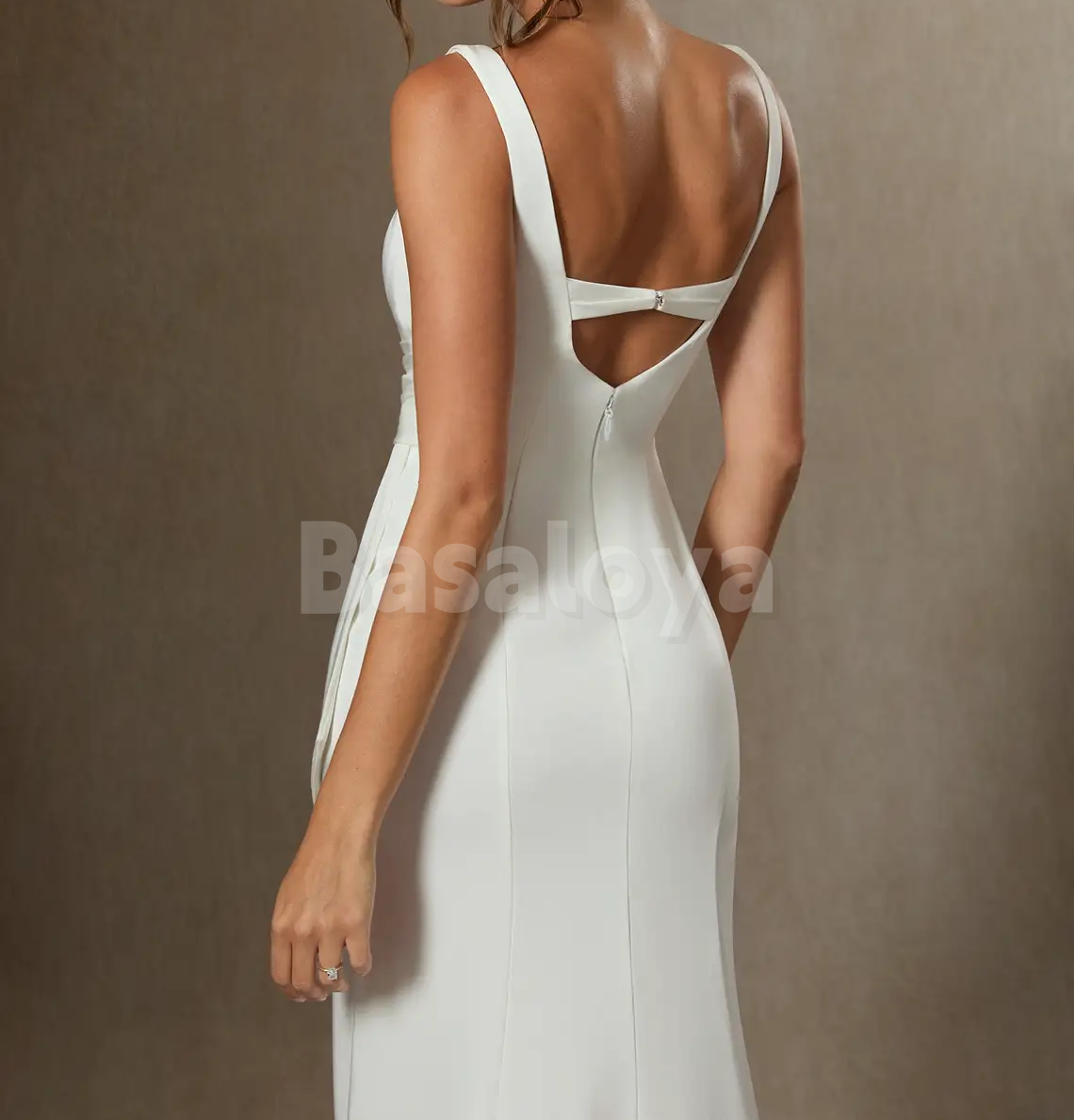 WD0094 Simple White V-Neck Sheath Beach Wedding Dress with Slit Boho Gown