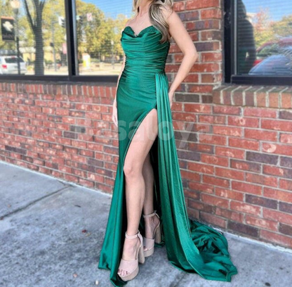 SP0178 Elegant Navy Sweetheart Sheath Pleats Prom Formal Dress with Slit