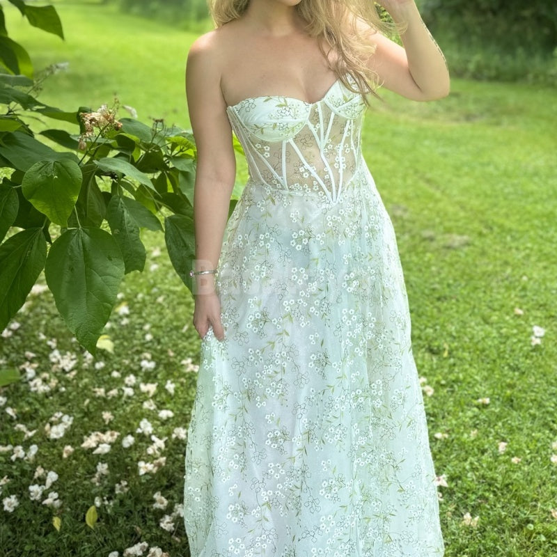 SP0054 Gorgeous Light Green A-Line Sweetheart Prom Dress with Printed Flower