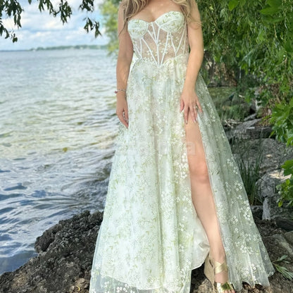 SP0054 Gorgeous Light Green A-Line Sweetheart Prom Dress with Printed Flower