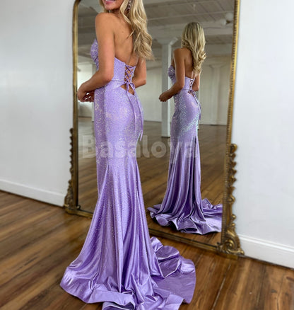 SP0322 Luxury Beaded Lilac Sweetheart Mermaid Satin Prom Dress with Slit