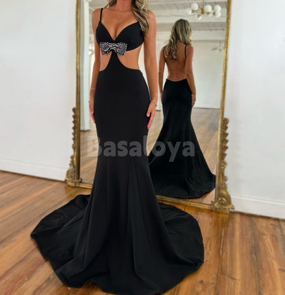 SP0326 Elegant Black Spaghetti Straps V-Neck Mermaid Prom Dress with Bow