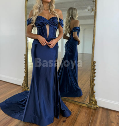 SP0328 Chic Navy Off-Shoulder Bodycon Satin Pleats Prom Dress with Train