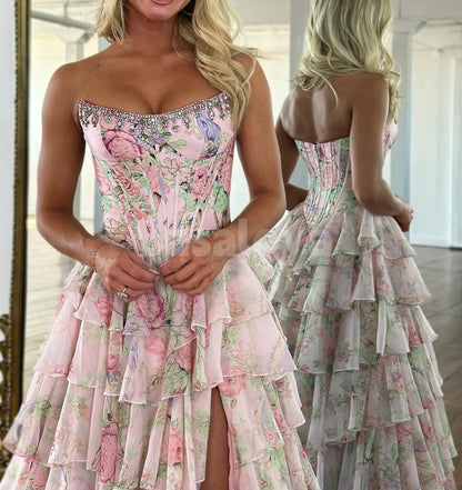 SP0334 Graceful Printed Yellow Strapless A-Line Tiered Prom Dress with Crystal