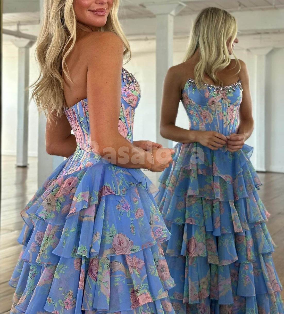 SP0334 Graceful Printed Yellow Strapless A-Line Tiered Prom Dress with Crystal