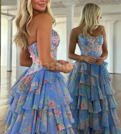 SP0334 Graceful Printed Yellow Strapless A-Line Tiered Prom Dress with Crystal