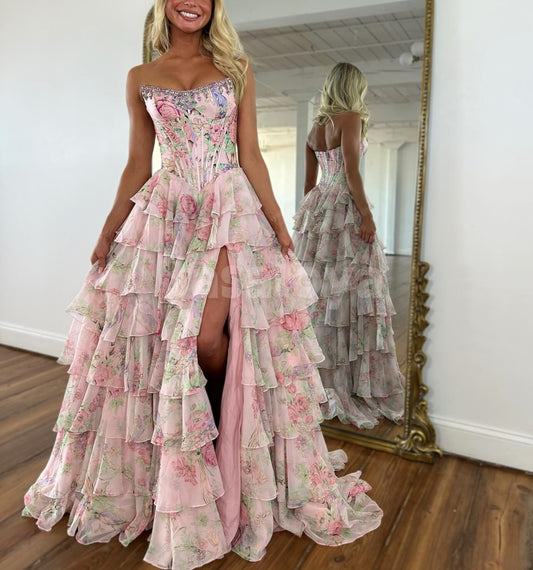 SP0334 Graceful Printed Yellow Strapless A-Line Tiered Prom Dress with Crystal