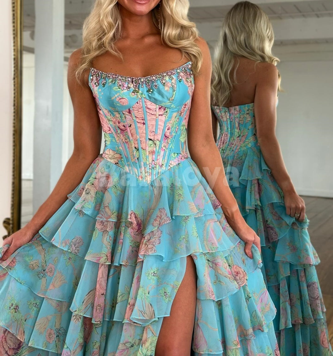 SP0334 Graceful Printed Yellow Strapless A-Line Tiered Prom Dress with Crystal