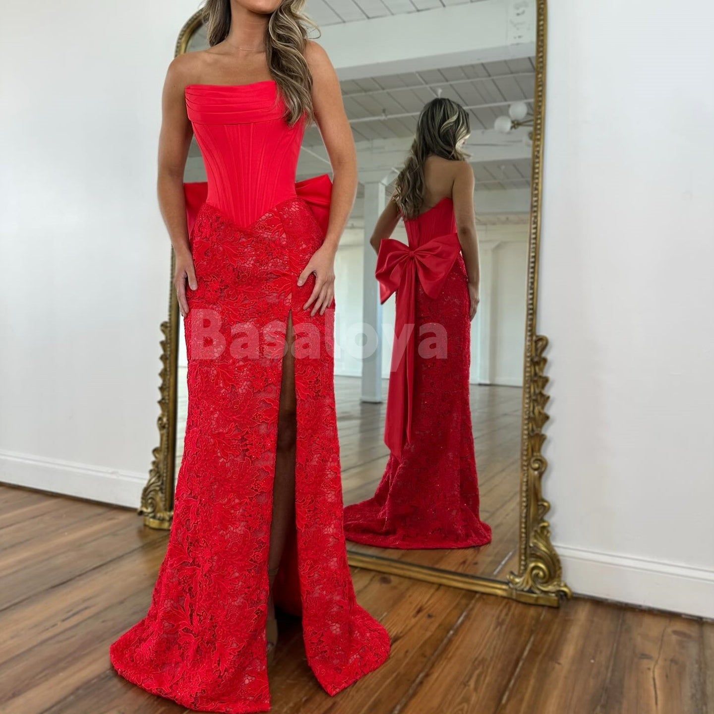 SP0332 Elegant Bow Red Strapless Bodycon Formal Prom Dress with Slit