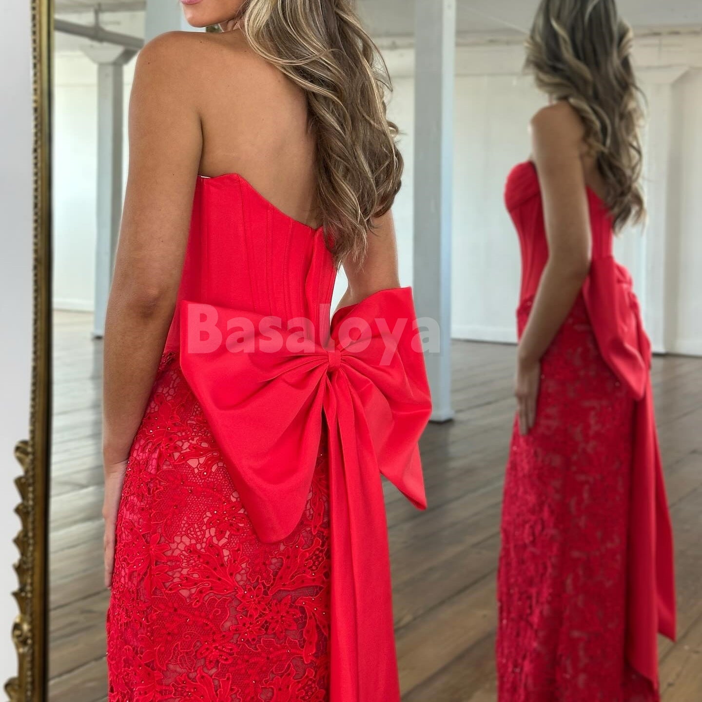 SP0332 Elegant Bow Red Strapless Bodycon Formal Prom Dress with Slit