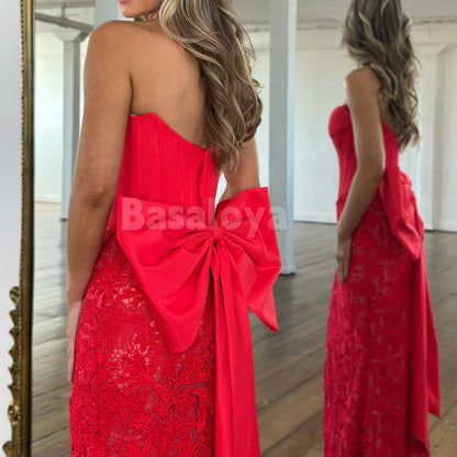 SP0332 Elegant Bow Red Strapless Bodycon Formal Prom Dress with Slit