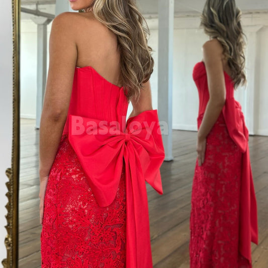 SP0332 Elegant Bow Red Strapless Bodycon Formal Prom Dress with Slit