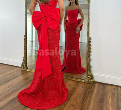 SP0332 Elegant Bow Red Strapless Bodycon Formal Prom Dress with Slit