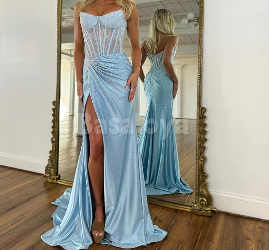 SP0333 Luxury Beaded Light Blue Strapless Bodycon Prom Dress with Train
