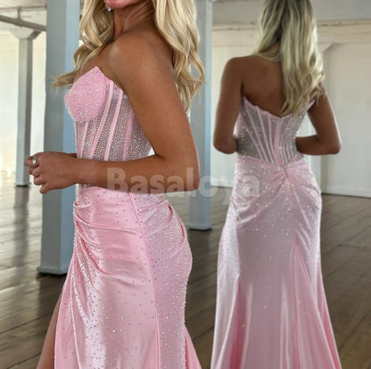 SP0333 Luxury Beaded Light Blue Strapless Bodycon Prom Dress with Train