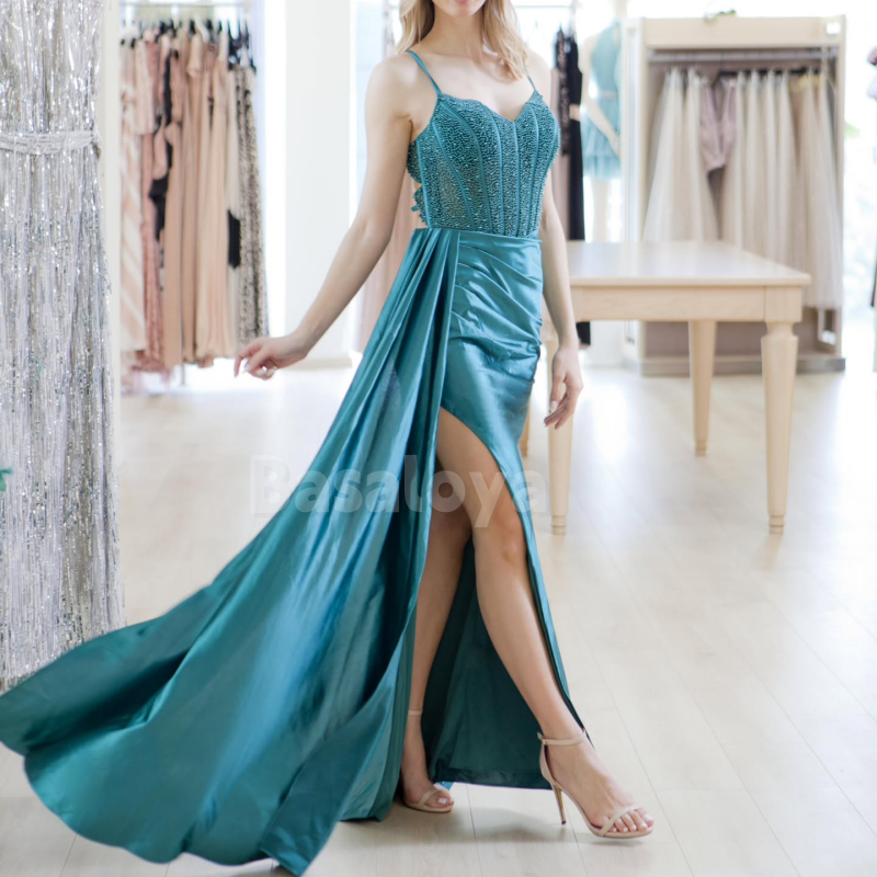 SP0049 Luxury Peacock Sweetheart Side Slit Pleated Prom Dress with Beads