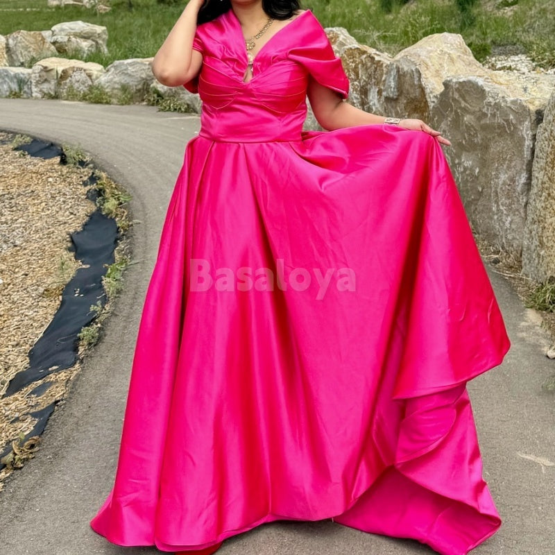 SP0026 Elegant Fuchsia Cap Sleeve A-Line Satin Prom Party Dress