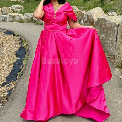 SP0026 Elegant Fuchsia Cap Sleeve A-Line Satin Prom Party Dress