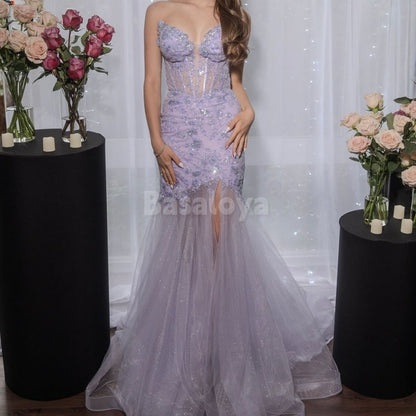 SP0028 Elegant Lilac Sweetheart Mermaid Lace Prom Dress with Sequin Applique
