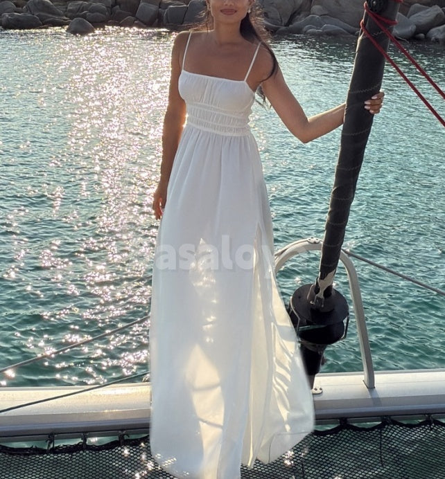 SP0319 Simple White Spaghetti Straps A-Line Long Maxi Prom Dress