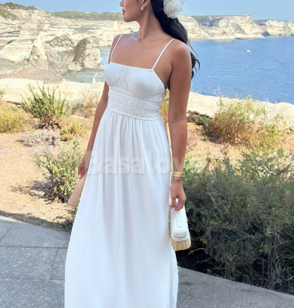 SP0319 Simple White Spaghetti Straps A-Line Long Maxi Prom Dress