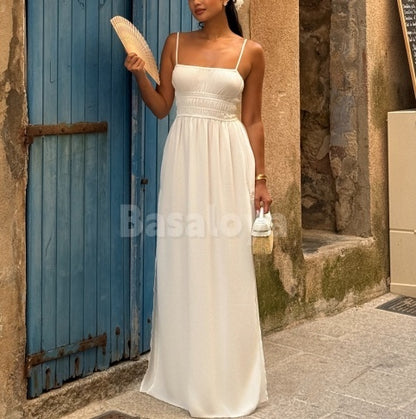 SP0319 Simple White Spaghetti Straps A-Line Long Maxi Prom Dress