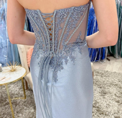 SP0007 Luxury Blue Scoop Neck Sheath Appliques Prom Evening Dress with Beads