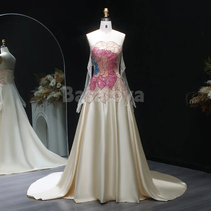 ED0034 Elegant Beaded Champagne Strapless A-Line Evening Dress