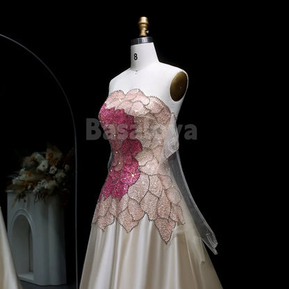 ED0034 Elegant Beaded Champagne Strapless A-Line Evening Dress