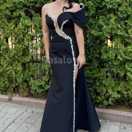 ED0035 Elegant Black One Shoulder Mermaid Evening Dress with Beaded