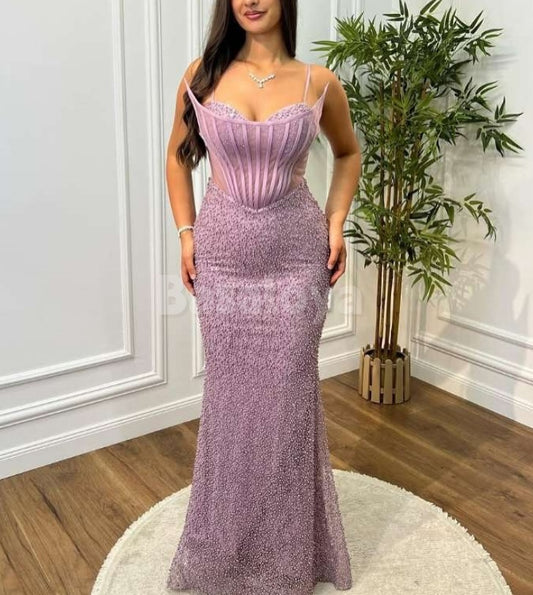 SP0336 Chic Lilac Spaghetti Straps Mermaid Prom Dress with Beaded