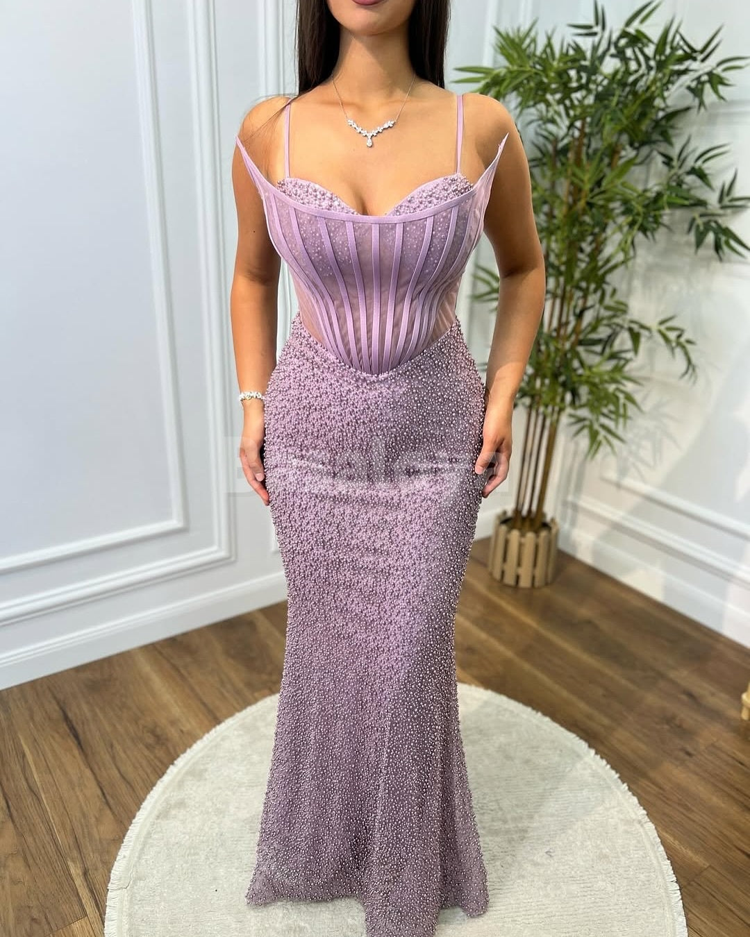 SP0336 Chic Lilac Spaghetti Straps Mermaid Prom Dress with Beaded