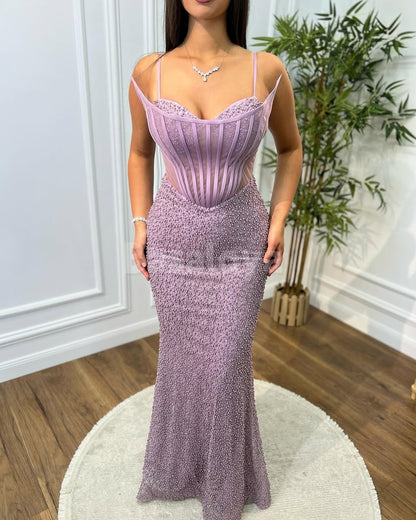 SP0336 Chic Lilac Spaghetti Straps Mermaid Prom Dress with Beaded