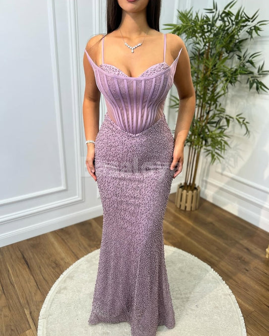 SP0336 Chic Lilac Spaghetti Straps Mermaid Prom Dress with Beaded