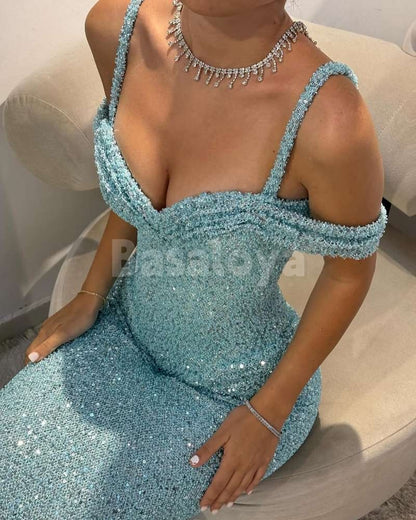 SP0338 Sparkly Off The Shoulder Bodycon Draped Sequins Prom Dress
