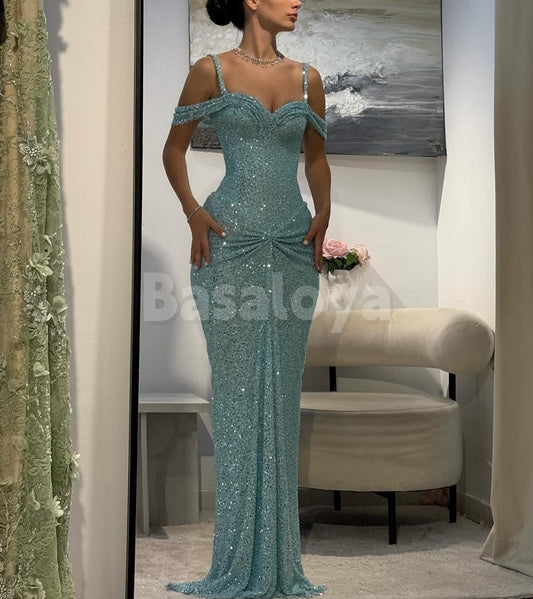 SP0338 Sparkly Off The Shoulder Bodycon Draped Sequins Prom Dress