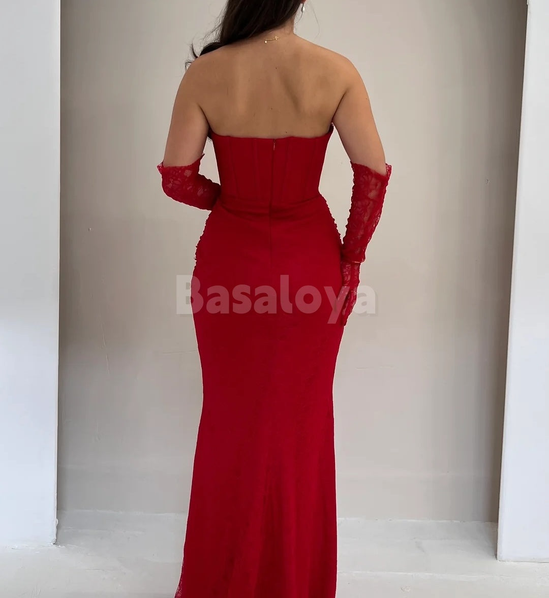 SP0339 Elegant Red Strapless Bodycon Beaded Prom Dress with Gloves