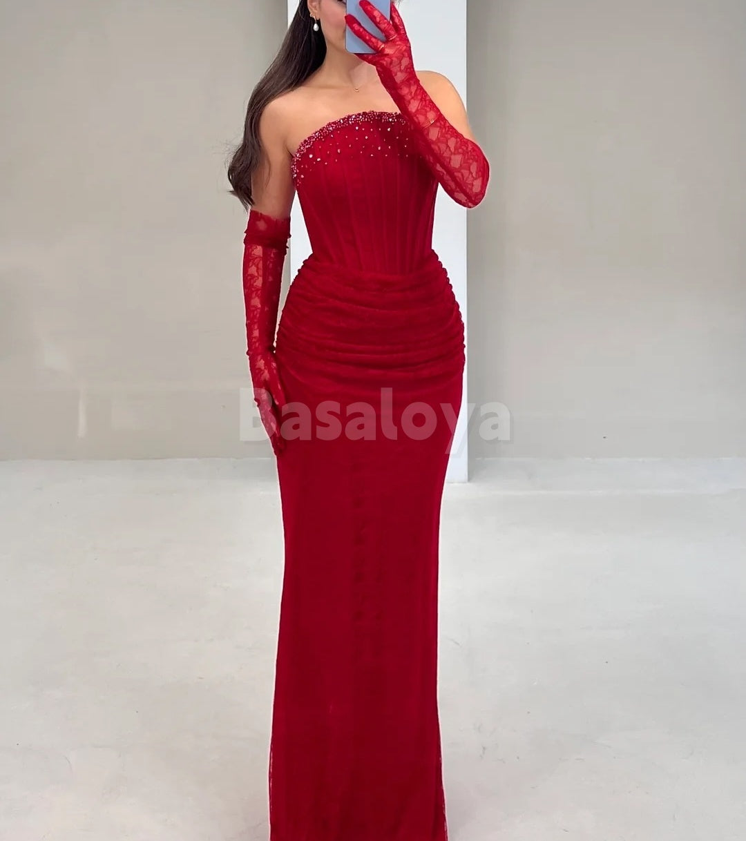 SP0339 Elegant Red Strapless Bodycon Beaded Prom Dress with Gloves
