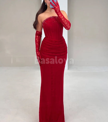 SP0339 Elegant Red Strapless Bodycon Beaded Prom Dress with Gloves