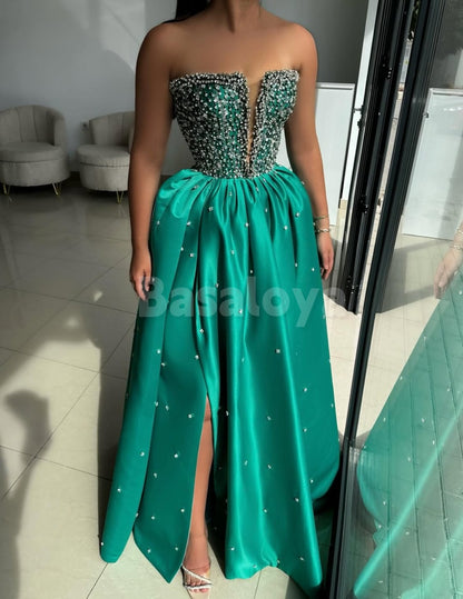 SP0340 Classic Green V-Neck A-Line Ball Gown Prom Dress with Crystal