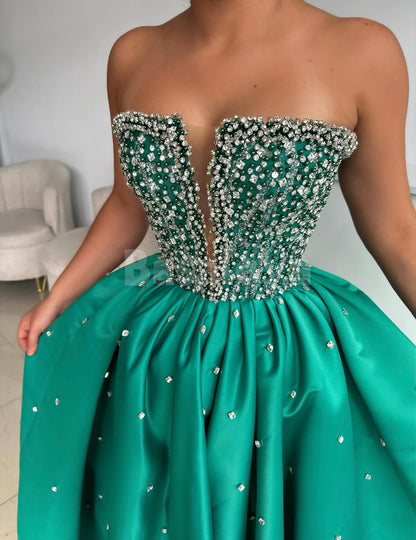 SP0340 Classic Green V-Neck A-Line Ball Gown Prom Dress with Crystal