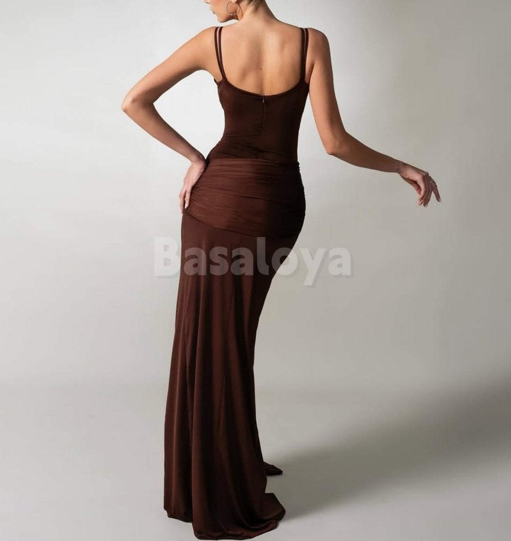 SP0323 Classic Brown Spaghetti Straps Sheath Draped Prom Formal Dress with Slit