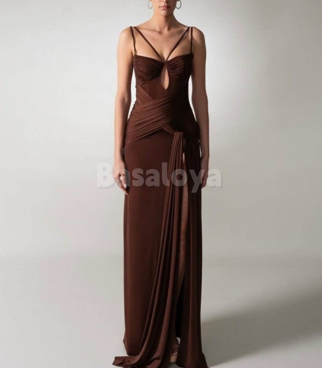 SP0323 Classic Brown Spaghetti Straps Sheath Draped Prom Formal Dress with Slit