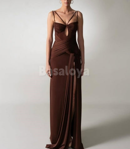 SP0323 Classic Brown Spaghetti Straps Sheath Draped Prom Formal Dress with Slit