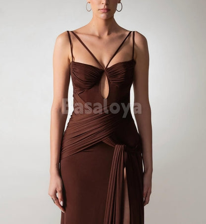 SP0323 Classic Brown Spaghetti Straps Sheath Draped Prom Formal Dress with Slit