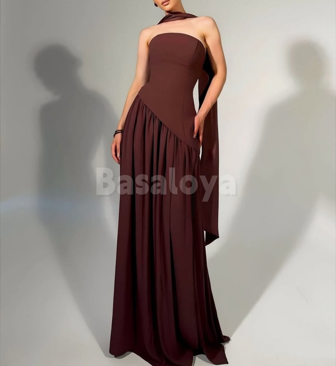 SP0324 Simple Brown Strapless Straight Pleated Formal Prom Dress with Scarf