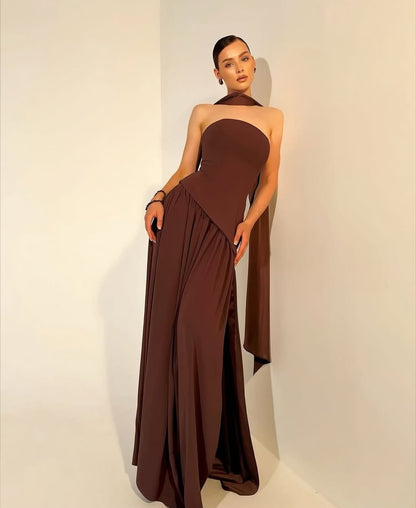 SP0324 Simple Brown Strapless Straight Pleated Formal Prom Dress with Scarf