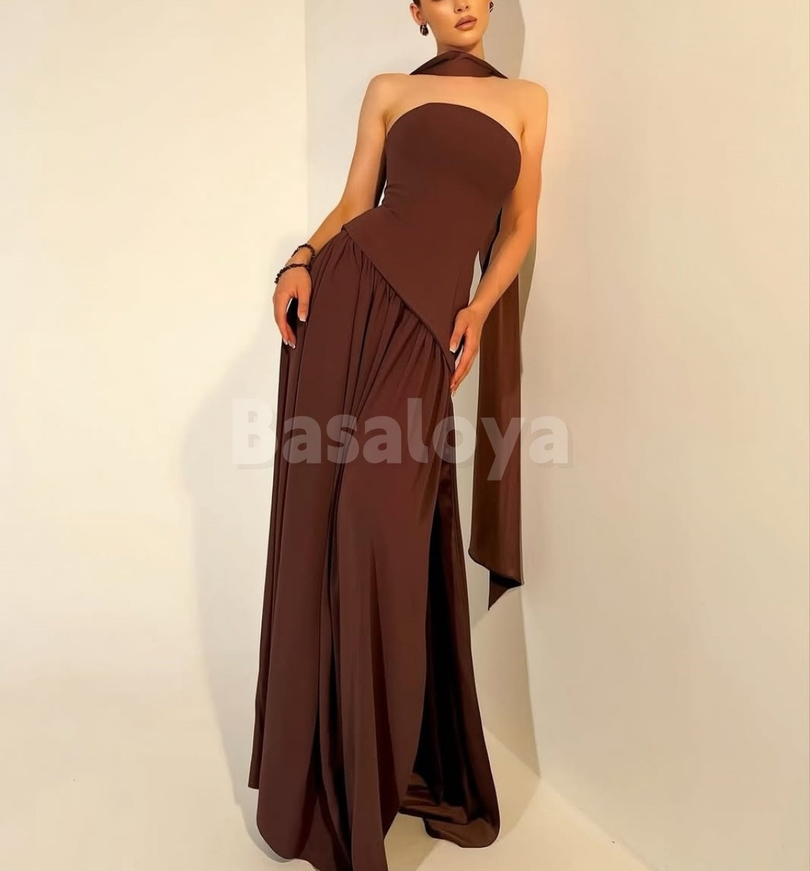 SP0324 Simple Brown Strapless Straight Pleated Formal Prom Dress with Scarf