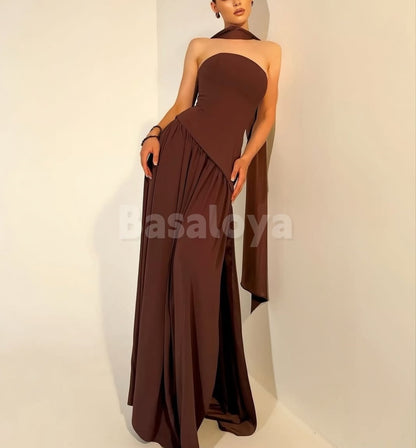 SP0324 Simple Brown Strapless Straight Pleated Formal Prom Dress with Scarf